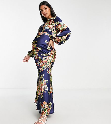 ASOS DESIGN Maternity - Robe longue à imprimé fleuri avec col montant et poignets évasés - Bleu marine - Asos Maternity - Modalova