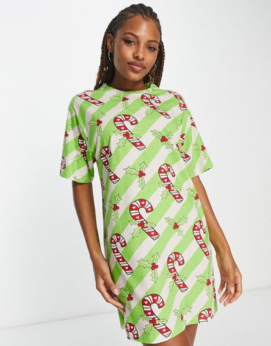 Noël - T-shirt de pyjama à rayures et motif sucre d'orge - Vert et crème - Asos Design - Modalova