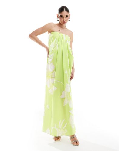 Robe bandeau droite mi-longue effet drapé en satin imprimé fleuri - Citron vert - Asos Design - Modalova