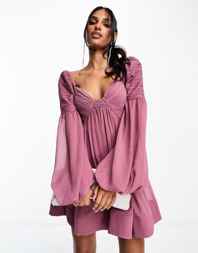 Robe babydoll courte à fronces et manches longues - Violet - Asos Design - Modalova