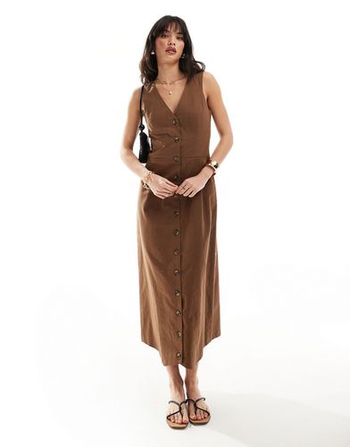 Robe boutonnée mi-longue style gilet de costume en lin - Chocolat - Asos Design - Modalova