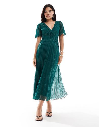 Robe cache-caur longueur mollet plissée en plumetis avec manches ange et décolleté plongeant - Vert bouteille métallisé - Asos Design - Modalova