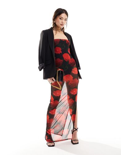 Robe caraco longue en tulle transparent avec body et imprimé roses - Asos Design - Modalova