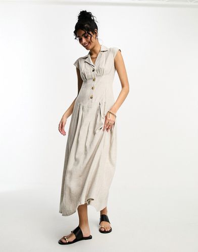 Robe chemise mi-longue en lin à petites manches et nervures - Grège - Asos Design - Modalova