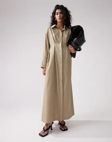 Robe chemise longue à taille plissée et rayures - Kaki - Asos Design - Modalova