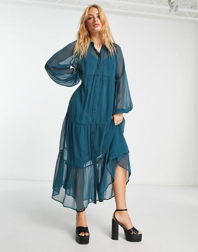 Robe chemise longue boutonnée à volants - sarcelle - Asos Design - Modalova