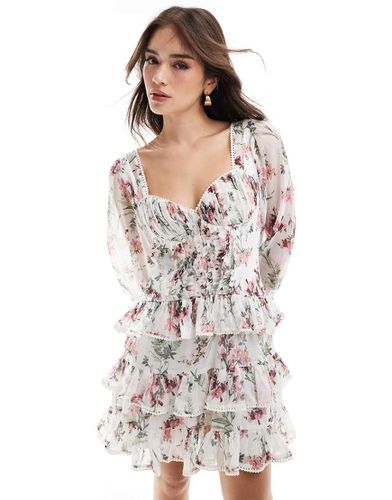 Robe courte à fleurs et volants avec bonnets préformés et détails en dentelle - Rose - Asos Design - Modalova