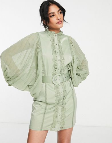 Robe courte à manches plissées et bordures en dentelle guipure - Asos Design - Modalova