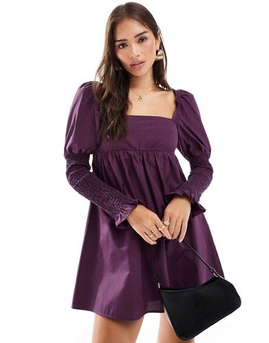 Robe courte en popeline à manches froncées - Rouge à carreaux - Asos Design - Modalova