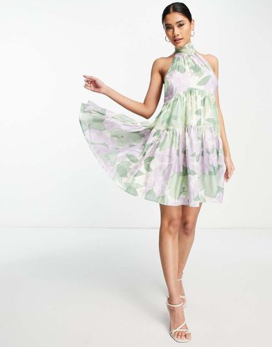 Robe courte fluide superposée à dos nu, col noué et imprimé mélangé - Asos Design - Modalova