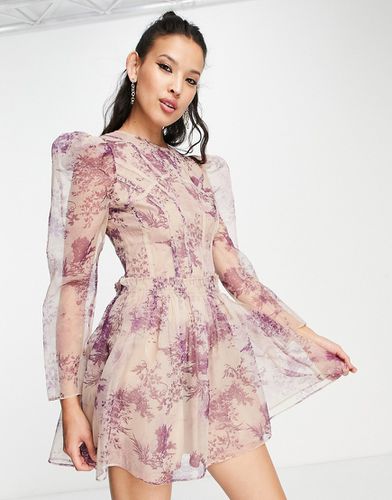 Robe courte surpiquée en organza avec imprimé toile de Jouy - Violet - Asos Design - Modalova