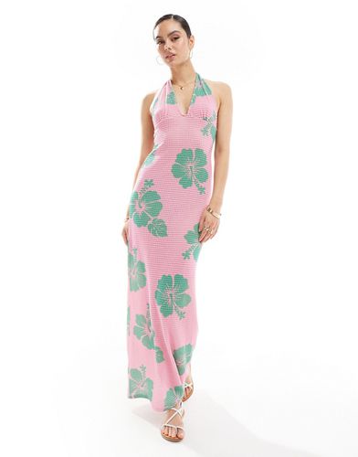 Robe crochetée longueur mollet à imprimé hibiscus et dos nu - Rose - Asos Design - Modalova