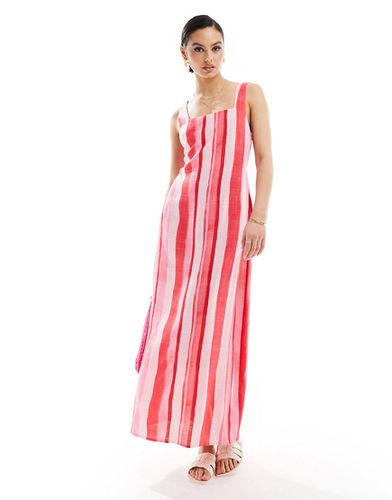 Robe d'été mi-longue en lin avec encolure carrée et liens noués dans le dos - Rayures floues roses - Asos Design - Modalova