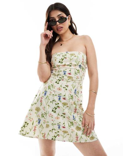 Robe d'été courte en lin imprimé végétal avec encolure bandeau - Crème - Asos Design - Modalova