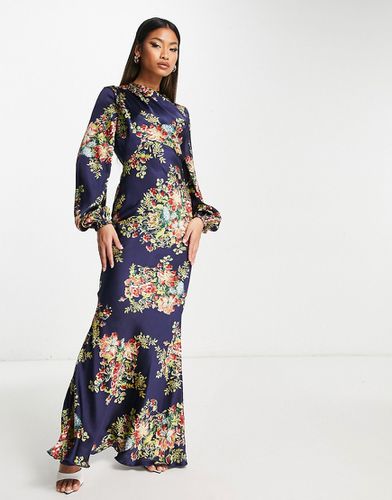 Robe longue coupe en biais à col montant cache-caur avec imprimé fleurs - Bleu marine - Asos Design - Modalova