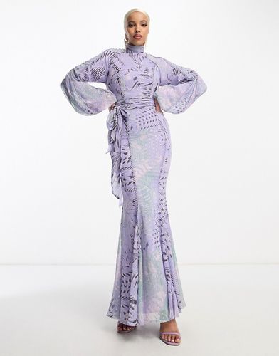 Robe longue ceinturée avec bordures en dentelle et imprimé animal - Vert/lilas - Asos Design - Modalova