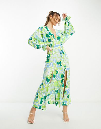 Robe longue à décolleté plongeant et manches chauve-souris - Vert rétro fleuri - Asos Design - Modalova