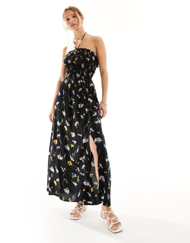 Robe longue dos nu à fronces et petites fleurs - Noir - Asos Design - Modalova