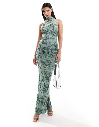 Robe longue dos nu à imprimé animal abstrait avec corsage torsadé et liens derrière la nuque en tulle - Vert - Asos Design - Modalova