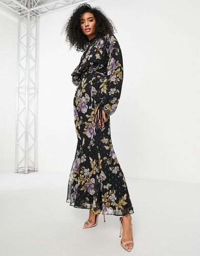 Robe longue drapée à fleurs avec col montant et ceinture - Asos Design - Modalova