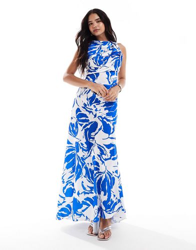 Robe longue drapée en satin à col montant et ourlet plongeant - Bleu abstrait - Asos Design - Modalova
