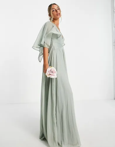 Robe longue drapée pour demoiselle d'honneur à mancherons évasés avec corsage froncé et taille croisée - Olive - Asos Design - Modalova