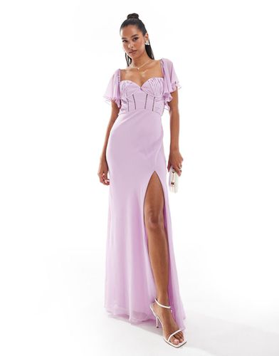 Robe longue en mousseline coupée en biais avec corset en satin et manches évasées - Lilas - Asos Design - Modalova