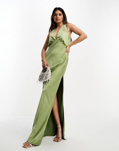 Robe longue et fluide satinée à décolleté plongeant - olive - Asos Design - Modalova