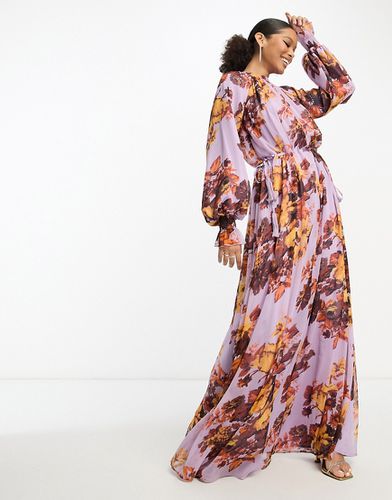 Robe longue trapèze à fleurs colorées avec col élastiqué, liens à la taille et poignets froncés - Asos Design - Modalova