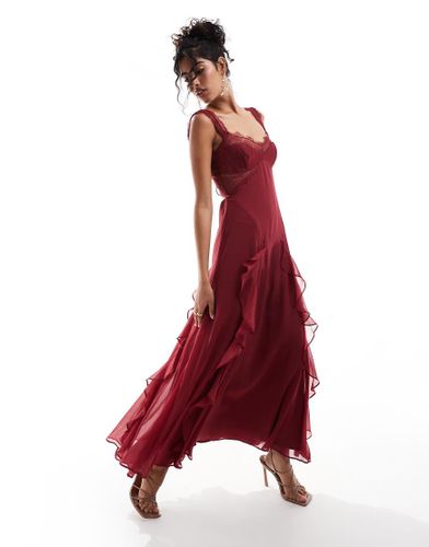 Robe mi-longue  volants avec empicements en dentelle et liens au dos - Bordeaux - Asos Design - Modalova