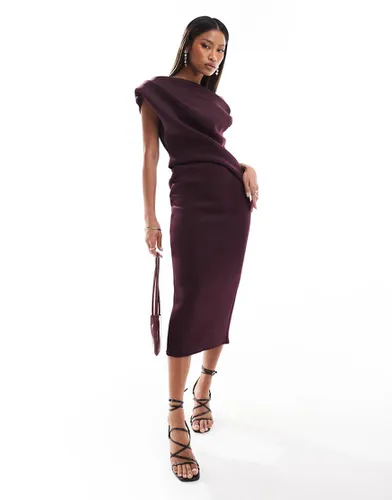 Robe mi-longue à épaules dénudées avec corsage plissé et jupe crayon - Aubergine - Asos Design - Modalova