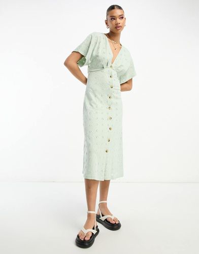 Robe mi-longue brodée à décolleté en V et boutons - Sauge et crème - Asos Design - Modalova