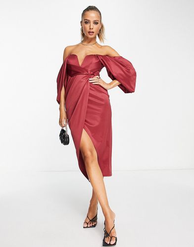 Robe mi-longue en satin avec encolure Bardot et manches drapées - Rouge - Asos Design - Modalova