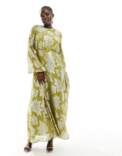 Robe mi-longue effet métallisé à manches longues avec poignets volantés - Chartreuse - Asos Design - Modalova