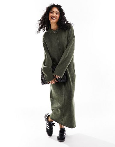 Robe mi-longue oversize en maille avec col ras de cou et surpiqûres - Kaki - Asos Design - Modalova