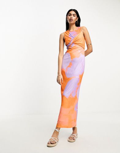 Robe mi-longue sans manches torsadée devant à fleurs - Orange et lilas - Asos Design - Modalova