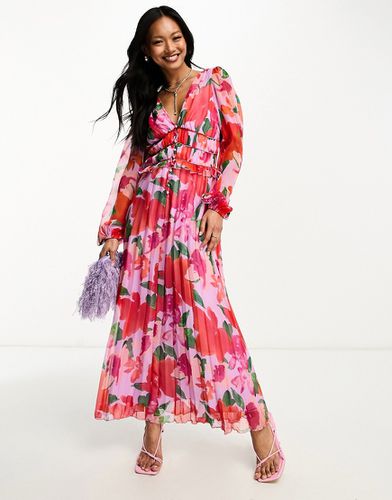 Robe mi-longue plissée et boutonnée à fleurs avec fronces à taille - Asos Design - Modalova