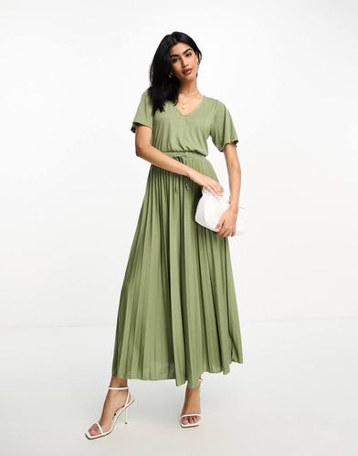 Robe mi-longue plissée et nouée à la taille avec col en V - Sauge - Asos Design - Modalova