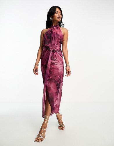 Robe moulante dos nu mi-longue en tulle à imprimé fleurs effet tache - Violet - Asos Design - Modalova
