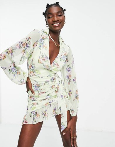 Robe portefeuille courte douce à imprimé fleuri avec manches ballon - Vert pâle - Asos Design - Modalova