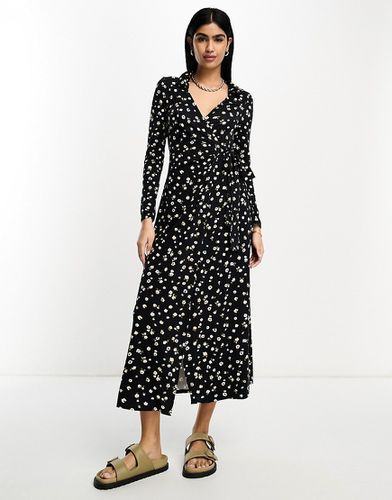 Robe portefeuille mi-longue à petites fleurs avec col et manches longues - Noir - Asos Design - Modalova