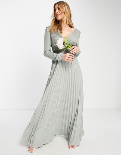 Robe pour demoiselle d'honneur longue plissée à manches longues et liens croisés à la taille - Olive - Asos Design - Modalova
