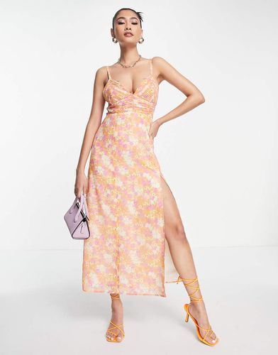 Robe plissée mi-longue à imprimé fleuri avec fente et bretelles fines - Corail - Asos Design - Modalova