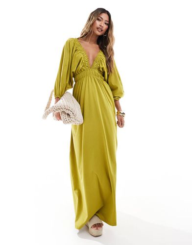 Robe rétro mi-longue et élastique avec taille froncée et décolleté plongeant - Vert olive - Asos Design - Modalova