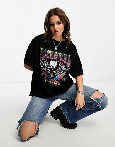 T-shirt épais oversize avec fentes latérales avec imprimé groupe de rock - Noir - Asos Design - Modalova