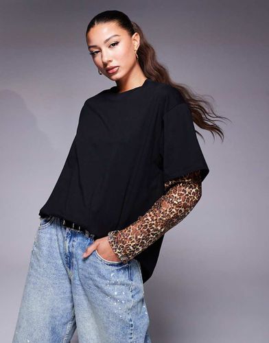 T-shirt oversize avec manches en dentelle imprimé léopard - Asos Design - Modalova