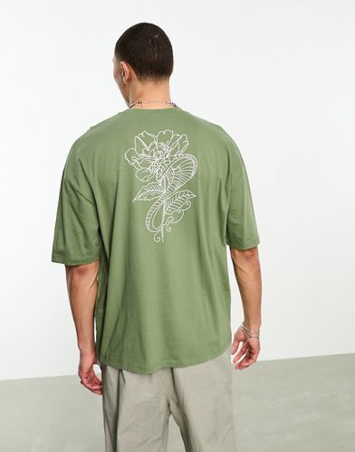 T-shirt oversize avec imprimé rose et serpent dans le dos - Kaki - Asos Design - Modalova