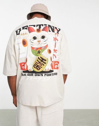 T-shirt oversize en coton avec imprimé chat porte-bonheur au dos - Beige - Asos Design - Modalova
