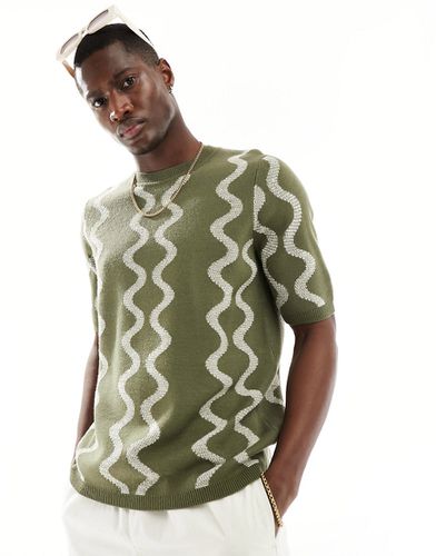 T-shirt ras de cou en maille texturée avec imprimé ondulé - Kaki - Asos Design - Modalova