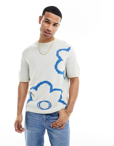 T-shirt ras de cou en maille à motif fleuri - Bleu et taupe - Asos Design - Modalova